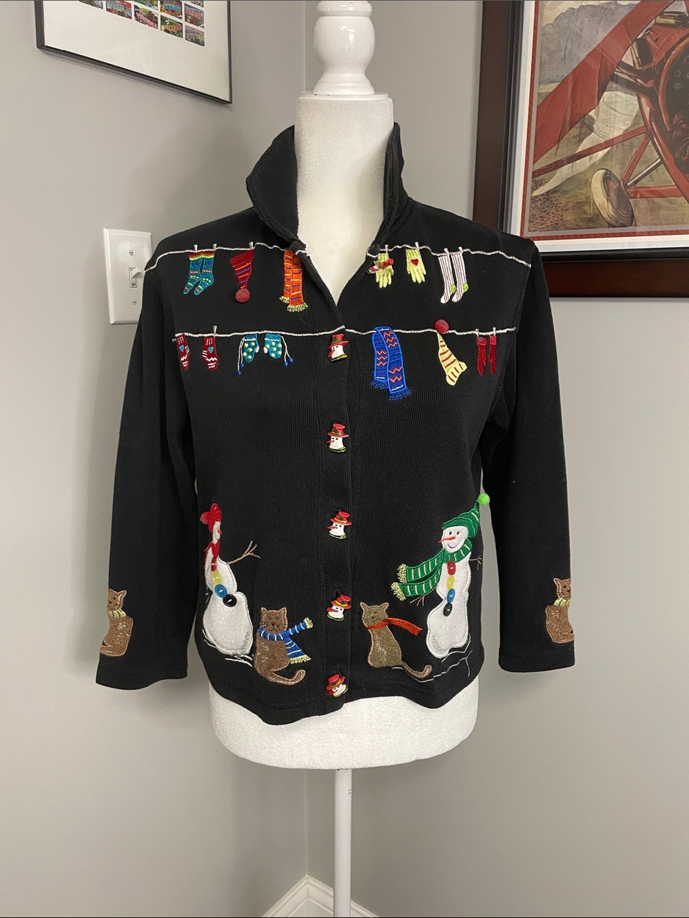 Onque Casuals womens Christmas Holiday Cardigan sweater black cats Small snowman